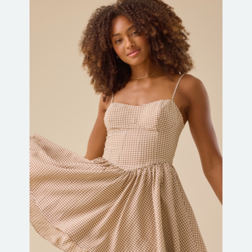 New with Tags Altar'd State Tan and White Gingham Mini Dress. Sold out online.